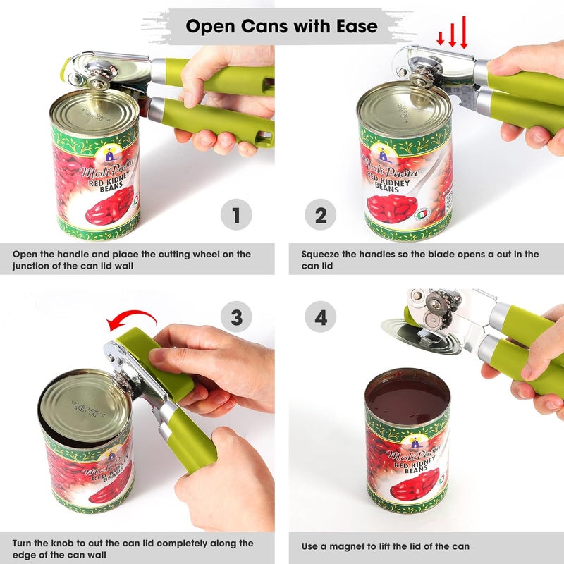 Beneno Heavy Duty Hand Can Opener Manual with Magnet, Durable Sharp Carbon Steel Blade Smooth Cutting, Big Effort-Saving Knob & Soft Grip Handle, Multifunctional Bottle Opener, Lime Green - Image 4